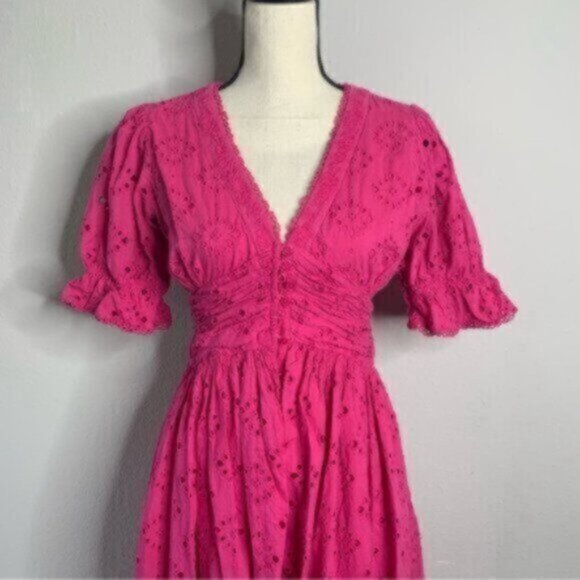 House Of Harlow V Neck Button Up Eyelet Midi Dress - Picture 3 of 13